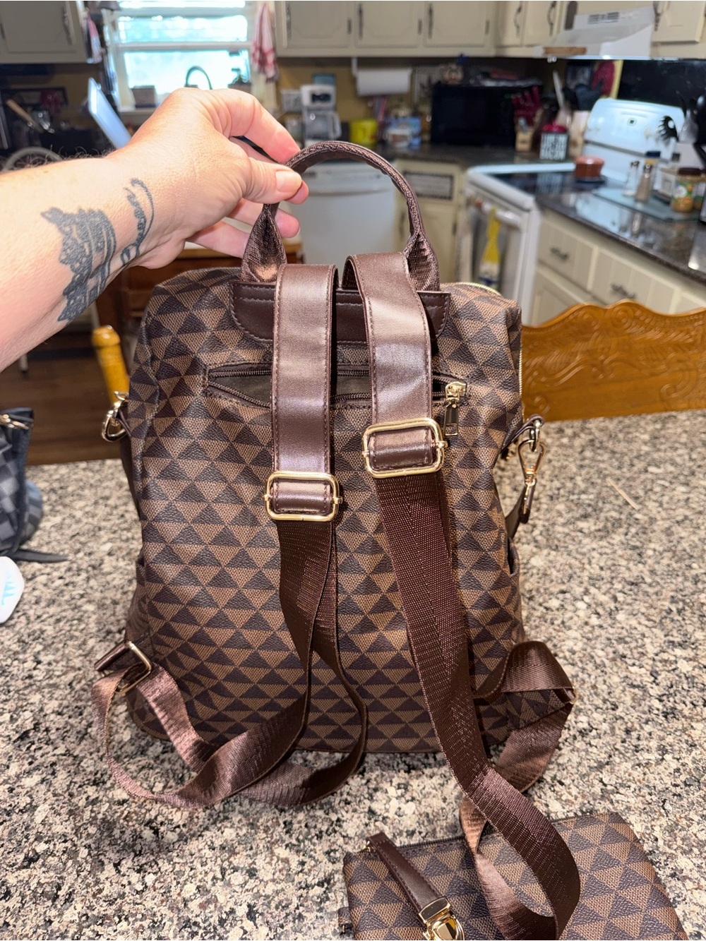 Brown Geometric Pattern Convertible Backpack - Picture 2 of 7